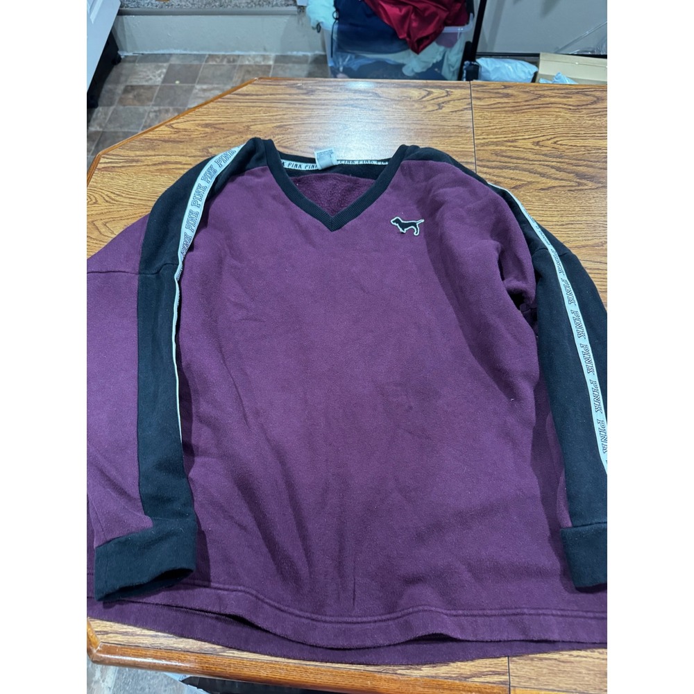 PINK Victorias Secret Burgundy Black V-Neck Sweatshirt Logo Tape Large